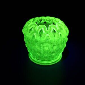 Imperial Glass Green Uranium Glass Bowl Open Lace Edge Cane Button Vintage